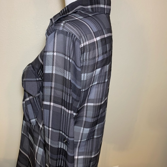 ABS sheer button up blouse front pockets plaid - Picture 6 of 8